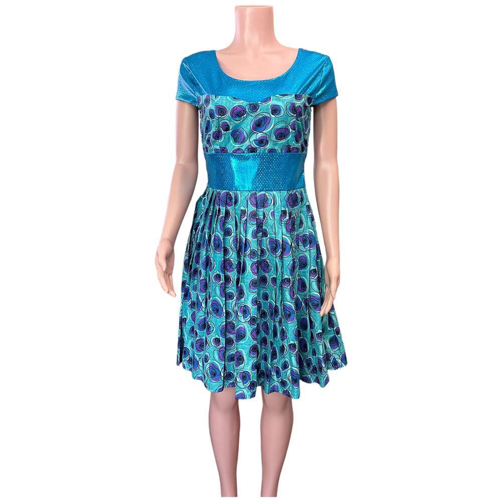 Handmade “Peacock” Floral Dress Retro A-Line Swing Circle Teal Dress Size Medium